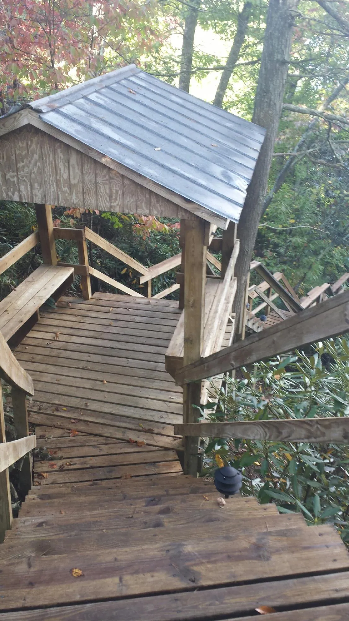 Metal roofed shelter over wooden steps on a wooded walkway — Skylight Repair & Installation work by our crew in Poncha Springs